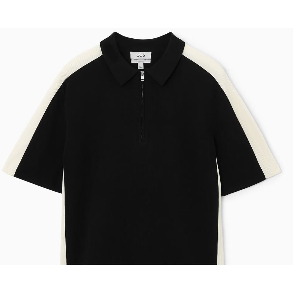 COS Relaxed Colour-Block Half-Zip Polo Shirt size XL Black + Off white Cotton